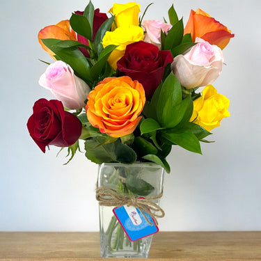 Mixed Color Roses in Glass Vase